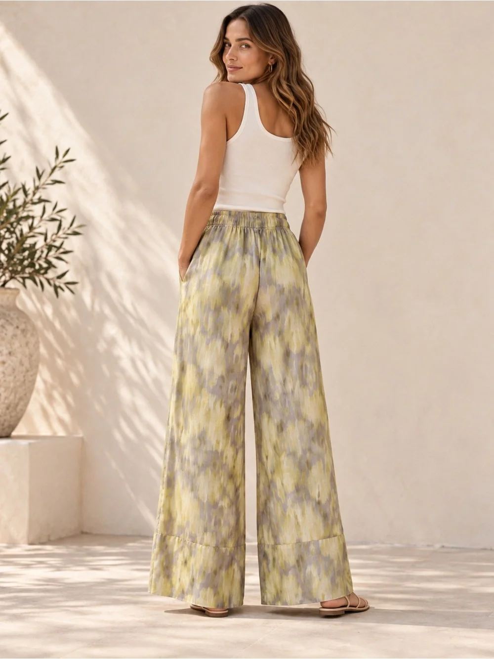 Zara ZW Collection Ramie Printed Palazzo Pants Ikat Wide Leg M resort pool vacat